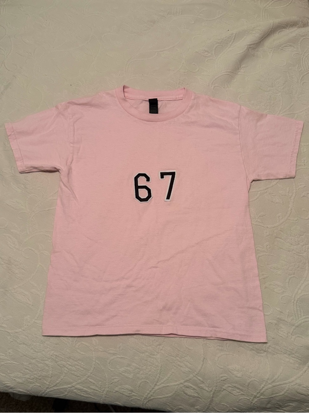 Gildan 100% Cotton Light Pink Tee with Black six seven 67 logo